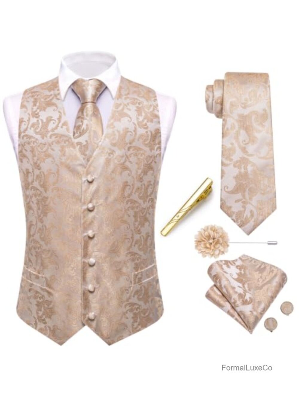 Mens Paisley Floral Vest and Tie Set Silk Polyester Waistcoat Wedding